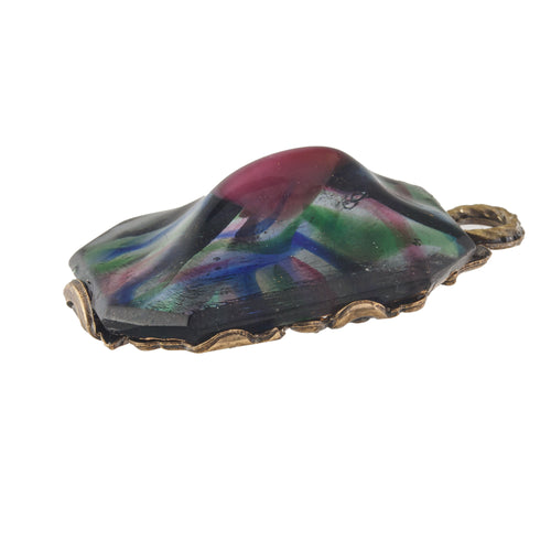 Vintage rainbow foil glass and stamped brass filigree pendant, 33x24mm.   Pkg 1. b5-752pd