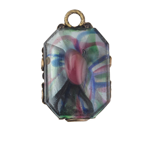 Vintage rainbow foil glass and stamped brass filigree pendant, 33x24mm.   Pkg 1. b5-752pd