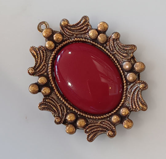 Vintage Czech Red Oval Glass & Brass Pendant 30x26mm. b5-864pd