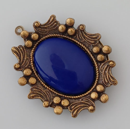Vintage Czech Royal Blue Oval Glass & Brass Pendant 30x26mm. b5-902pd