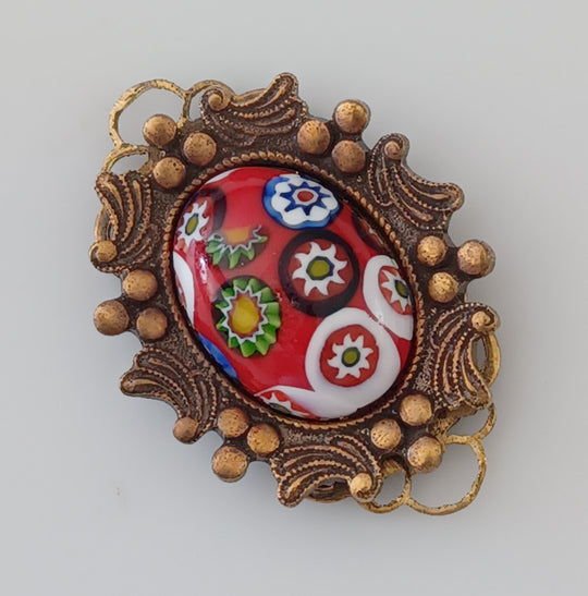 Vintage Czech Millefiori Red Glass stone pendant in brass setting 42x22mm b5-980pd