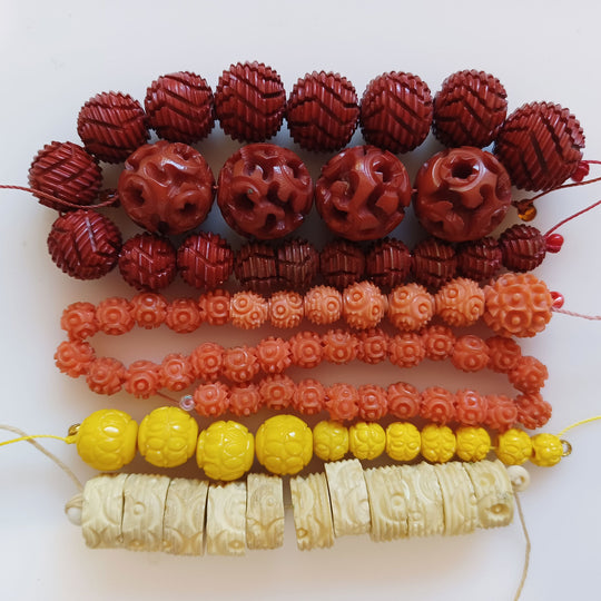 Vintage strands of carved & molded celluloid and plastic beads. c. 1930s-40s. b6-239