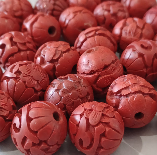 Vintage 1980s carved Cinnabar beads. 15mm.  Pkg of 6. B7-CIN019