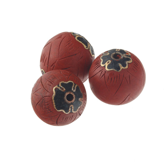 Etched Cinnabar rounds with inlaid cloisonne "bead caps". 15mm. Pkg of 2 b7-cin238