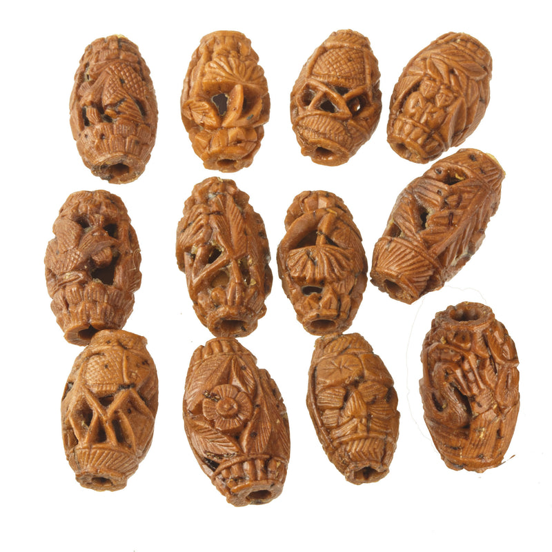 Carved Fruit Pit Hedaio Bead, with birds and landscapes. Chinese. Pkg 1. b7-wo357