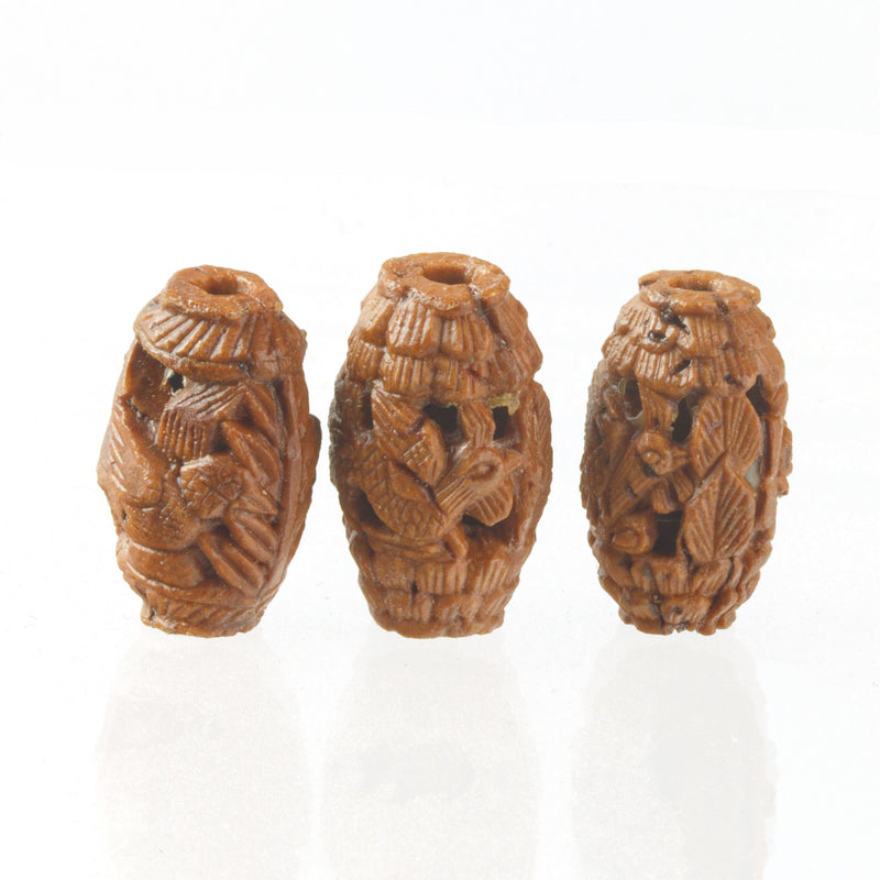 Carved Fruit Pit Hedaio Bead, with birds and landscapes. Chinese. Pkg 1. b7-wo357