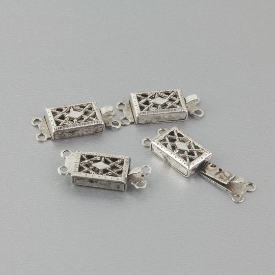 Vintage 2 strand silver plated 2 strand brass filigree box clasp, pkg of 4. b8-0213s