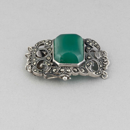 Vintage sterling silver Art Deco style marcacite and green stone 5 strand clasp.  B8-382sbk