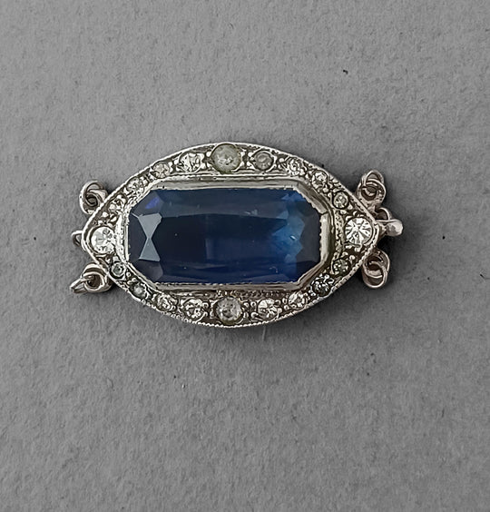 Art Deco sterling silver box clasp sapphire glass and rhinestones. 1-3 strand. 1920s. b8-389