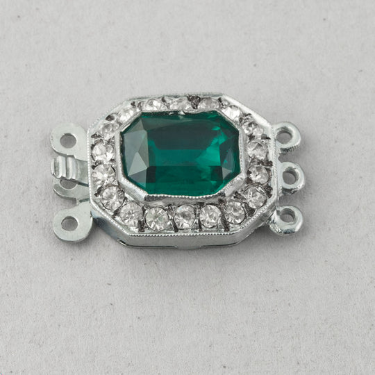 Art Deco sterling silver box clasp green glass and rhinestones. 1-3 strand. 1970s. b8-390