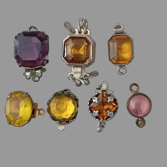 7 small 1920s-30s sterling & silver plate glass stone 1-strand clasps. Czechoslovakia.  b8-mx11