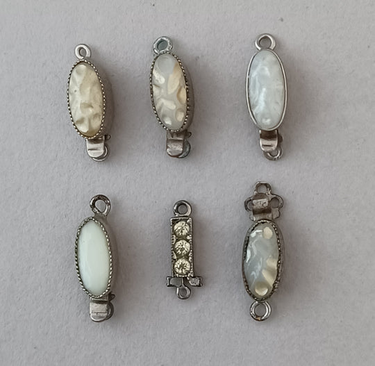 6 small narrow oval 1920s-30s Czech silver & glass 1-strand clasps. b8-mx4