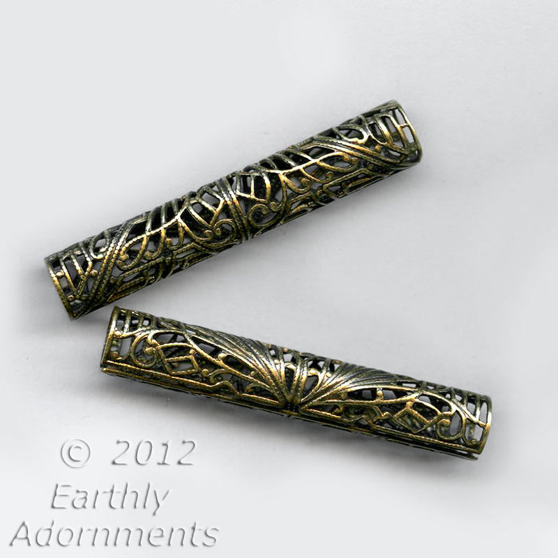 Long oxidized brass Filigree Tube Connector. 52x8mm. 1 pc. b9-0489