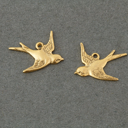 Antique finish 24k gold plated brass 1 ring bird charm, 17x15mm, left & right. 1 pair. b9-0549-1g