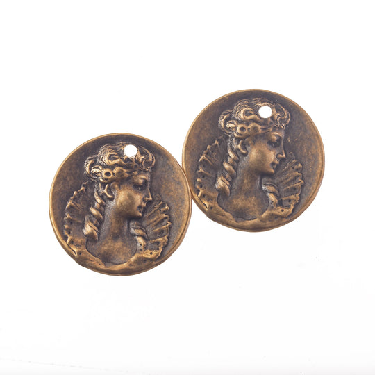 Vintage brass stamping of  17th century noble  lady. Pkg. of 2.   b9-0786