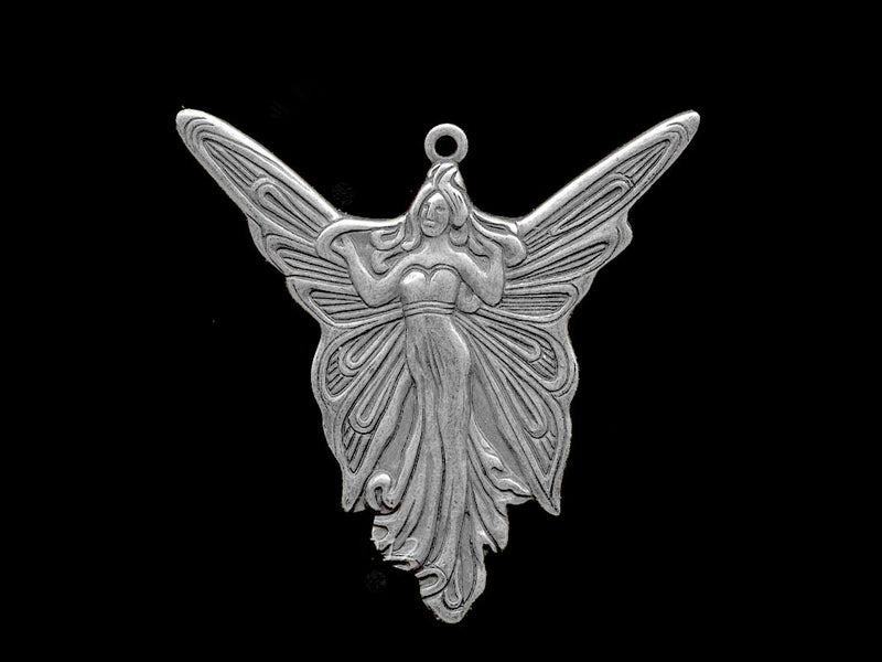Fairy charm, Art Nouveau style,  silver plated brass,  30mm, 1 piece. B9-0838s