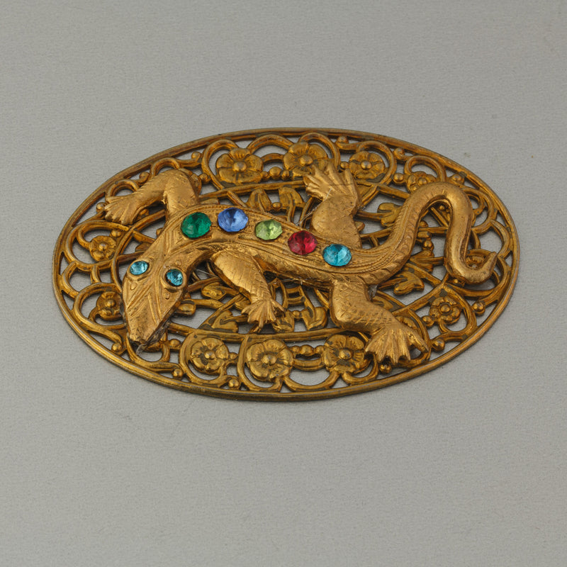 Deco Gecko rainbow rhinestone stamped filigree pendant.  56x39mm.  b9-0923pd-1