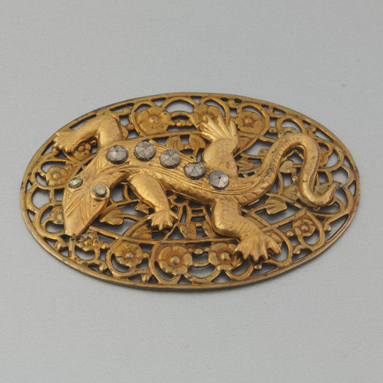 Deco Gecko glass marcasite stamped filigree pendant.  56x39mm.  b9-0923pd-2