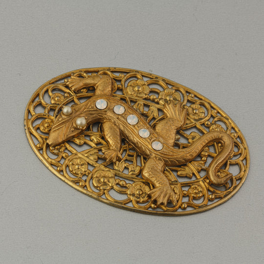 Deco Gecko glass opal stamped filigree pendant.  56x39mm.  b9-0923pd-3