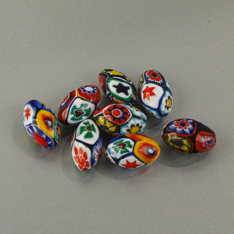 Vintage Murano Moretti studio millefiori glass beads. 1920s. 16x10mm ovals. Pkg.1. b1-2102