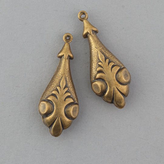 Vintage Stamped brass two sided teardrop  pendant.   30x12mm. Pkg. 2. b9-2144