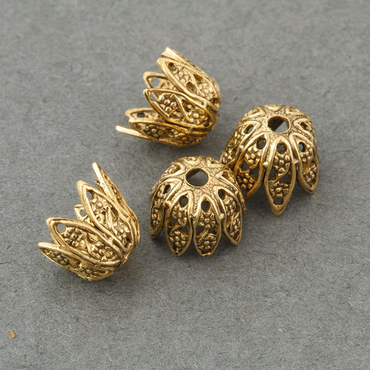 Antique finish 24k gold plated brass filigree 8 petal bead cap 7x8mm. Pkg of 4. b9-2306g