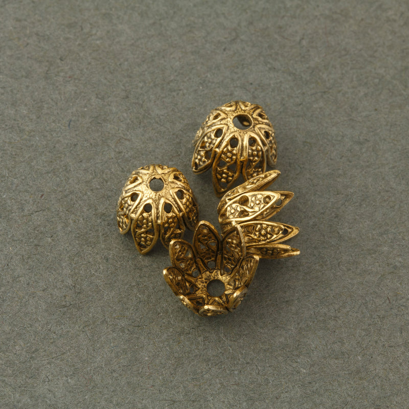Antique finish 24k gold plated brass filigree 8 petal bead cap 7x8mm. Pkg of 4. b9-2306g