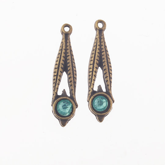 Vintage cast brass pendant aquamarine glass stone. 24x6mm. Package of 2.  b9-2338-1