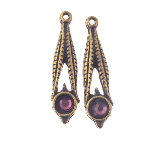 Vintage cast brass pendant amethyst glass stone. 24x6mm. Package of 2.  b9-2338-2