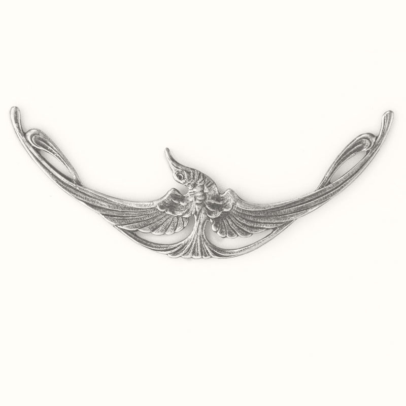 Bird in flight stamping, Art Nouveau style, Silver plated brass. 70x20mm. 1 pc. b9-2383s