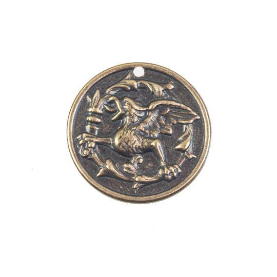 Stamped oxidized brass repousse gryphon coin charm. 33x28mm. Package of 2. b9-2387(e)