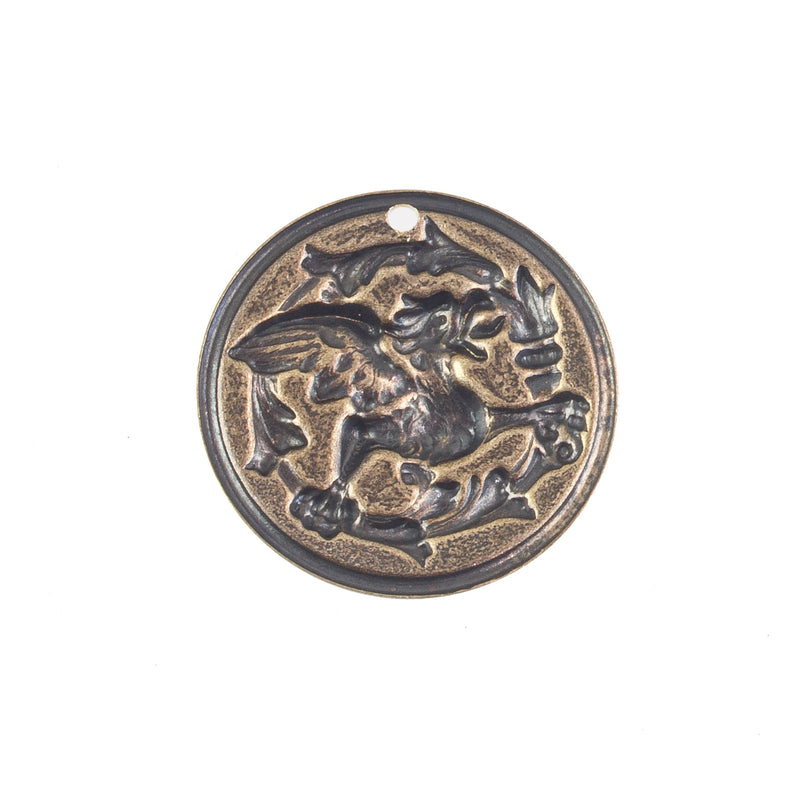 Stamped oxidized brass repousse gryphon coin charm. 33x28mm. Package of 2. b9-2387(e)