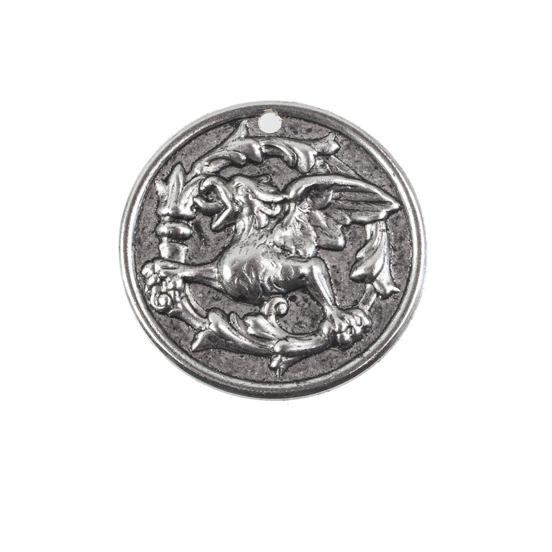 Stamped silver plated brass repousse gryphon coin charm. 28mm. Package of 2. b9-2387s
