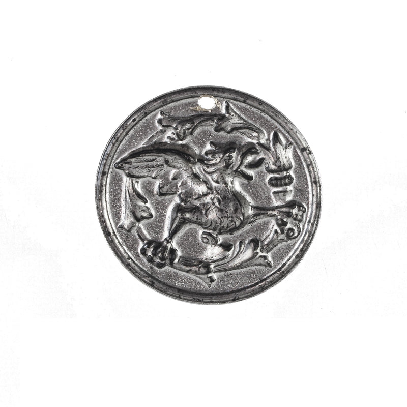 Stamped silver plated brass repousse gryphon coin charm. 28mm. Package of 2. b9-2387s