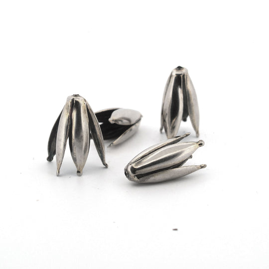 Flower 4 petal style bead cap, silver plated brass. 16mm long, pkg of 4. b9-2504s