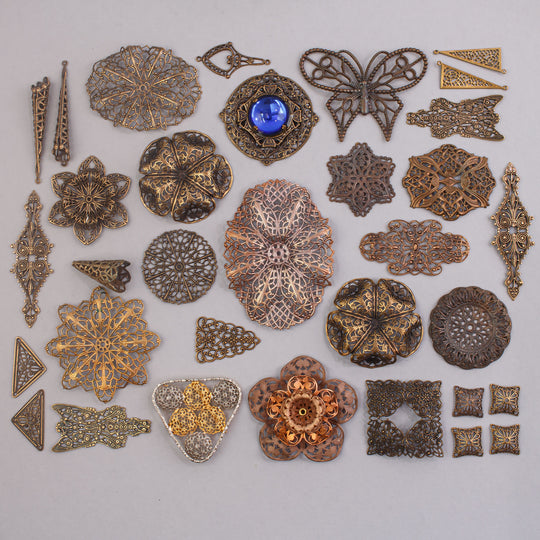 Vintage solid brass stamped filigree findings and components mix. B9-mx2