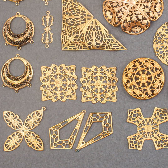 Vintage solid brass stamped filigree findings and components mix. B9-mx3