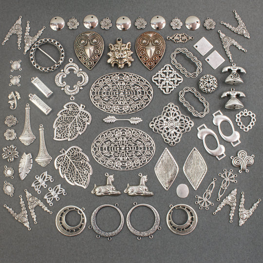Vintage silver plated brass and steel stampings, filigree & jewelry components mix. B9-mx5