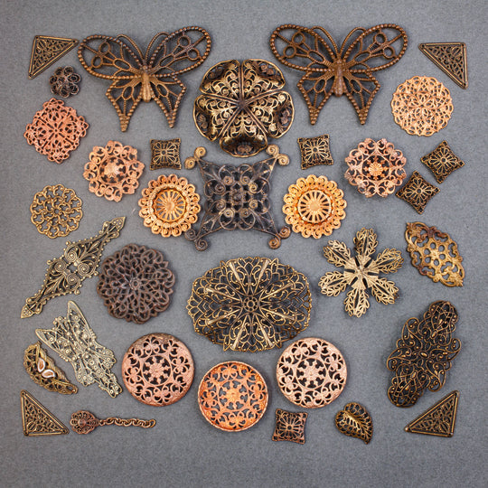 Vintage solid brass stamped filigree findings and components mix. B9-mx7