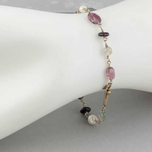 Tourmaline and freshwater pearl gold-filled wire bracelet