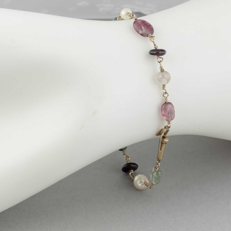 Tourmaline and freshwater pearl gold-filled wire bracelet