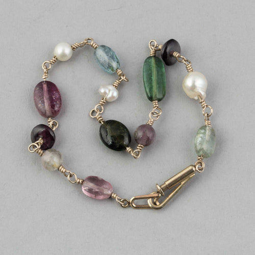 Tourmaline and freshwater pearl gold-filled wire bracelet