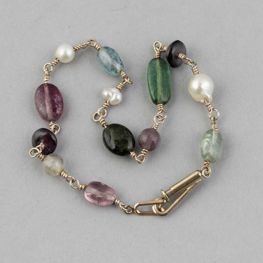 Tourmaline bead  and freshwater pearl gold-filled wire bracelet, 7.5 inches in length. brbd002