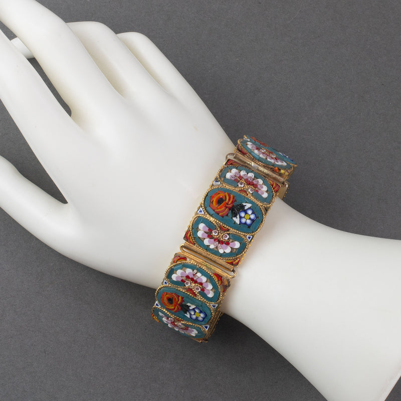 Vintage Italian Micro Mosaic floral link bracelet. c. 1920s-1930