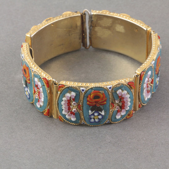 Vintage Italian Micro Mosaic floral link bracelet.  c. 1920s-1930s.  brbg923