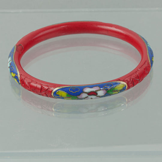 Chinese Bangle Bracelet, Cloisonne & Carved Red Cinnabar . j-bror895