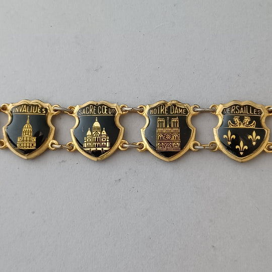 1950s Paris black enamel landmarks souvenir link bracelet.  7". brvn950