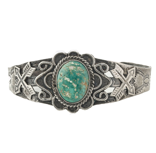 Vintage 1930s-1940s Fred Harvey style turquoise stamped sterling silver cuff bracelet. brvs979