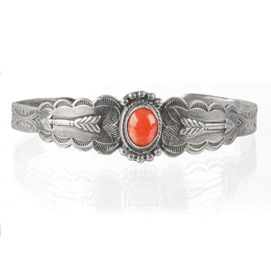 Vintage Navajo Fred Harvey style sterling silver and coral cuff bracelet c.1930s-40s. brvs993cs