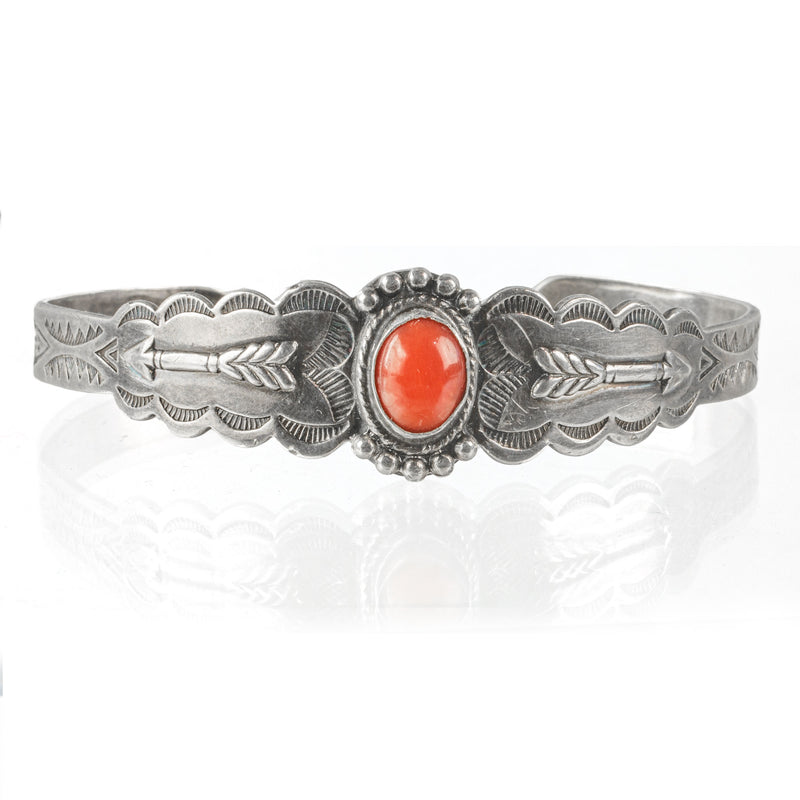 Vintage Navajo sterling silver and coral cuff bracelet c